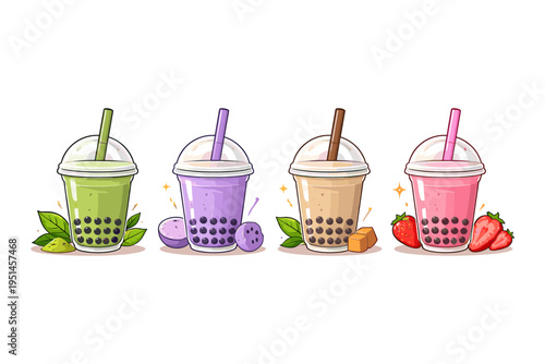 Four colorful bubble tea drinks with fruits and toppings, illustrated in a cute style
