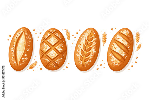 Assortment of delicious artisan breads with wheat stalks and crumbs on a white background