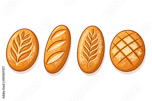 Collection of four artisan bread loaves with decorative scoring and dusting of flour