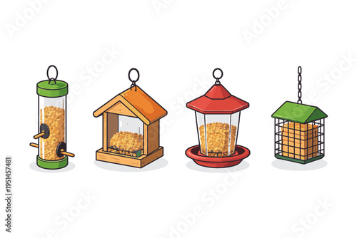 Collection of four different bird feeders filled with seeds and suet