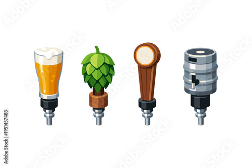 Collection of four unique beer tap handles including a pint glass, hop cone, wood, and keg