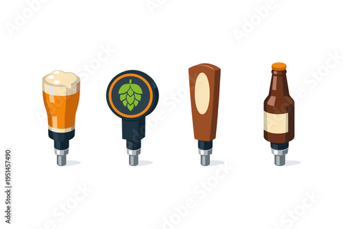 Collection of four distinct beer tap handles, including a pint glass, hop icon, brown handle, and bottle