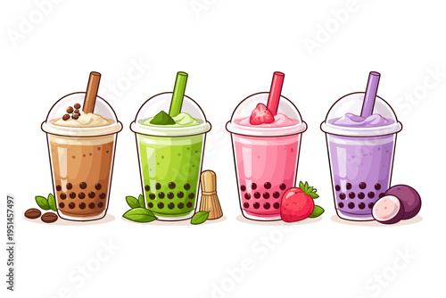 Assortment of colorful bubble tea drinks with fruit and coffee flavors