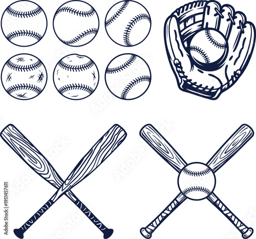 Vintage baseball equipment bundle with glove, balls, and crossed bats, dark blue line art vector set, retro sports elements for tournament graphics and merch design