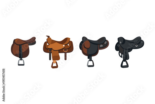 Collection of four different horse saddles, including western and English styles