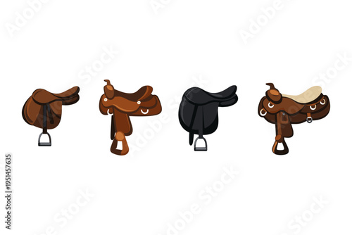 Collection of four horse saddles in different styles and colors on a white background