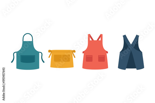 Collection of four different styles of aprons in various colors and designs
