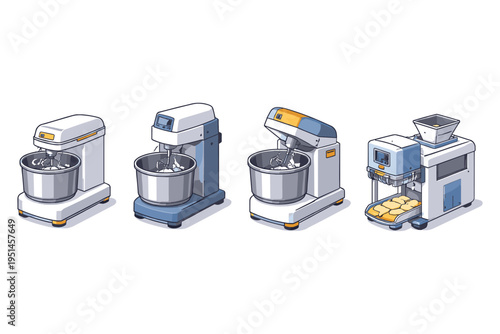 Set of four different commercial kitchen mixers and dough processing machines