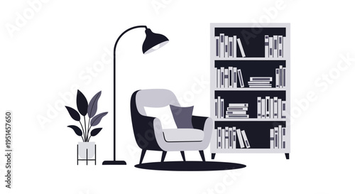A minimalist home library scene features a chair lamp bookshelf and plant rendered as a striking silhouette high quality professional detailed