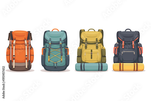 Collection of four colorful hiking backpacks with sleeping mats, isolated on white background