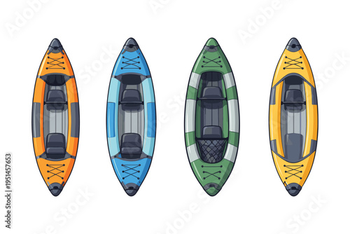 Top view of four colorful inflatable kayaks lined up on a white background