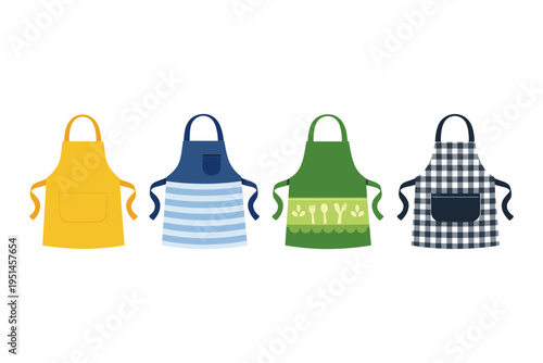 Four colorful aprons displayed in a row, each with a unique pattern and design