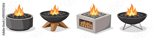 Collection of four different outdoor fire pits with flames and decorative stones