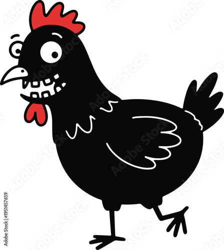Funny cartoon black chicken character with crazy eyes and sharp teeth, humorous walking poultry design, doodle art style vector illustration, isolated graphic element for merch print
