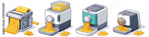 Set of four different pasta makers producing fresh homemade noodles and pasta shapes