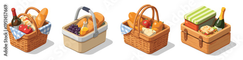 Collection of four diverse picnic baskets filled with various food and drink items