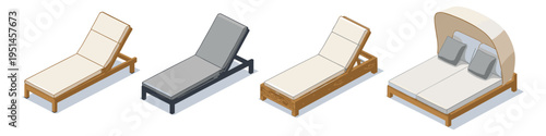 Collection of four isometric chaise lounge chairs for outdoor relaxation and comfort