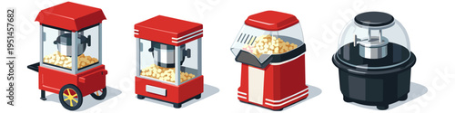 Collection of four different popcorn machines in isometric view, red and black colors
