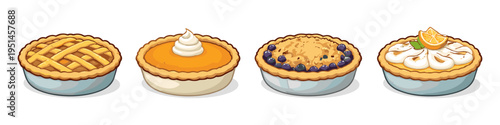 Collection of four delicious pies including apple, pumpkin, blueberry, and lemon meringue