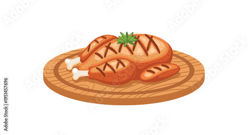 A golden-brown roasted chicken with grill marks is served on a round wooden cutting board on a white background.
