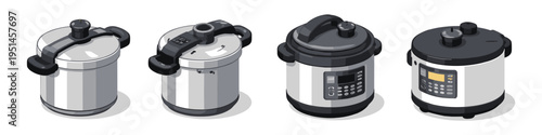 Collection of four different pressure cooker and multicooker models in isometric view