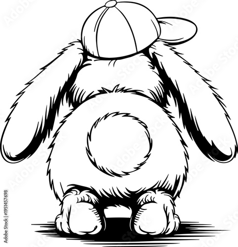 Cute cartoon bunny character from behind with fluffy tail and paw prints, minimalist Easter rabbit butt illustration, doodle style black and white vector, isolated graphic for kids merch