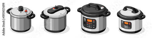 Collection of four different pressure cooker models in isometric view