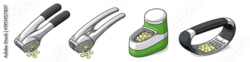 Collection of four different garlic presses and a garlic chopper in isometric view