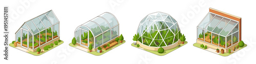 Collection of four different isometric greenhouses filled with lush green plants and trees