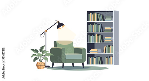 A cozy reading nook features a comfortable armchair bookshelf and lamp all rendered as a striking silhouette high quality professional detailed