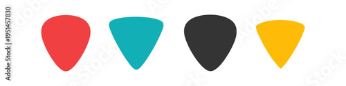 Collection of four colorful guitar picks arranged in a row on a white background
