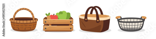 Collection of various baskets and a wooden crate filled with fresh produce