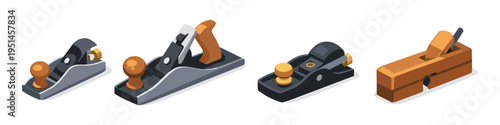Collection of four different woodworking hand planes in isometric view