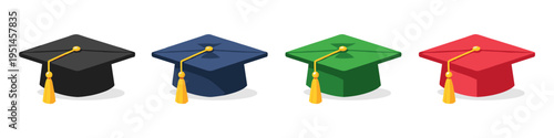 Four colorful graduation caps with yellow tassels on a white background