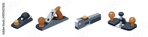 Collection of woodworking hand tools in a flat design style