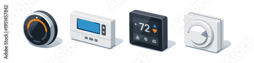 Collection of four different smart home thermostat devices on a white background
