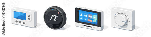 Collection of four different smart home thermostat devices displayed in isometric view