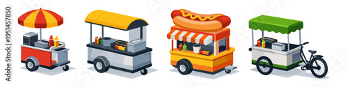 Collection of diverse isometric food carts and a bicycle cart selling street food