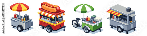 Collection of diverse isometric food carts and kiosks offering street food and snacks