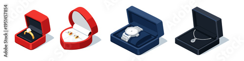 Collection of jewelry and watch in display boxes, isometric view