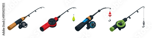 Collection of four colorful ice fishing rods with lures and bobbers