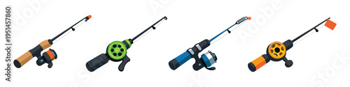 Collection of four colorful fishing rods with reels, isolated on white background