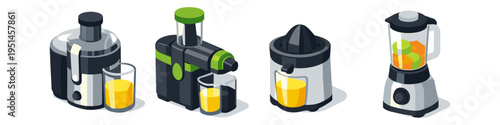 Collection of kitchen appliances for making fresh juices and smoothies