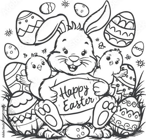 Happy Easter Coloring Page with Cute Bunny Holding Sign, Chicks and Decorated Eggs Vector Illustration