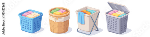 Four different laundry baskets filled with folded clothes, presented in isometric view