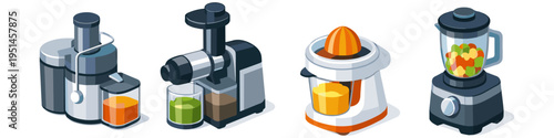Collection of kitchen appliances for making healthy drinks and smoothies