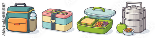 Collection of diverse lunch boxes and school bags for healthy meal preparation