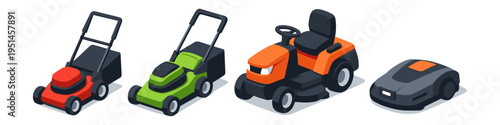 Collection of four different types of lawn mowers in isometric view