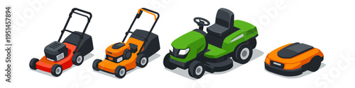 Collection of lawn mowers and robotic mower in isometric view