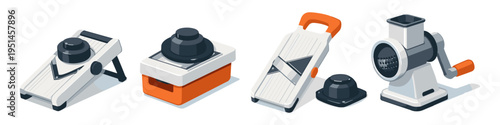 Set of kitchen slicers and graters for food preparation in isometric view